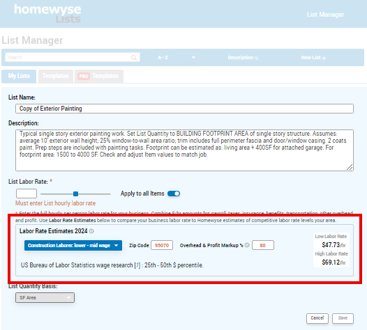 Homewyse Lists cost estimate generation